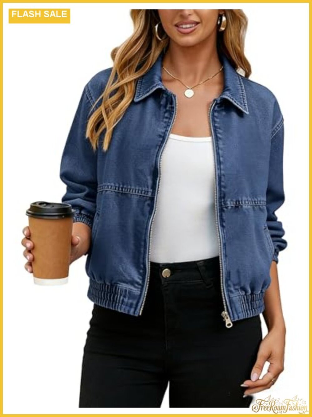 Women's Cropped Zip Up Denim Jacket Oversized Fit Stretch Jean Bomber Coat